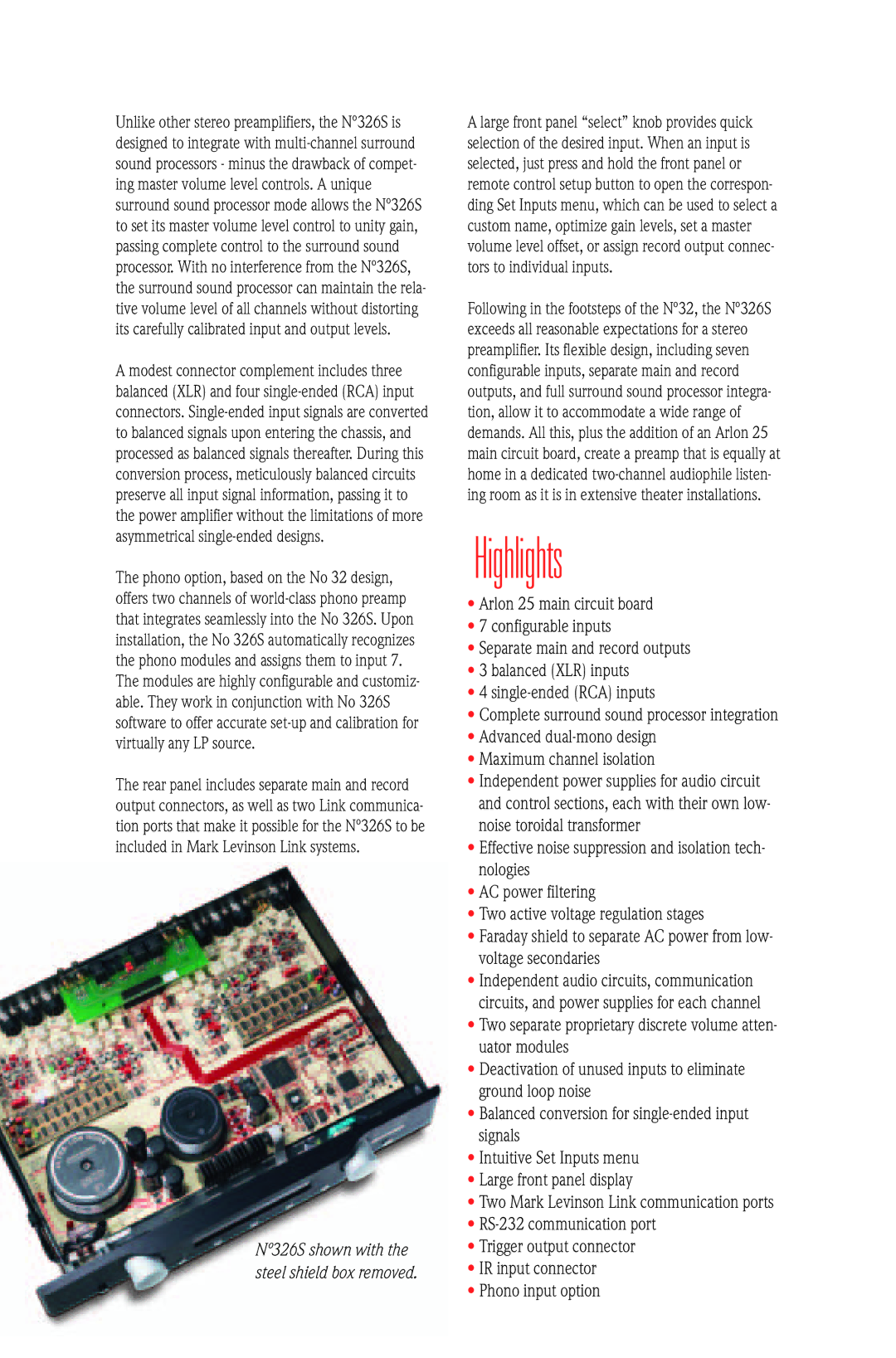 Mark Levinson manual Highlights, Nº326S shown with the steel shield box removed 