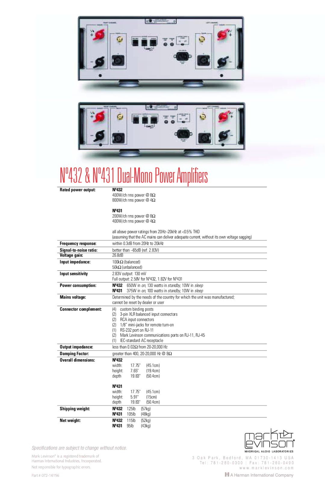 Mark Levinson manual Nº432 & Nº431 Dual-Mono Power Amplifiers 