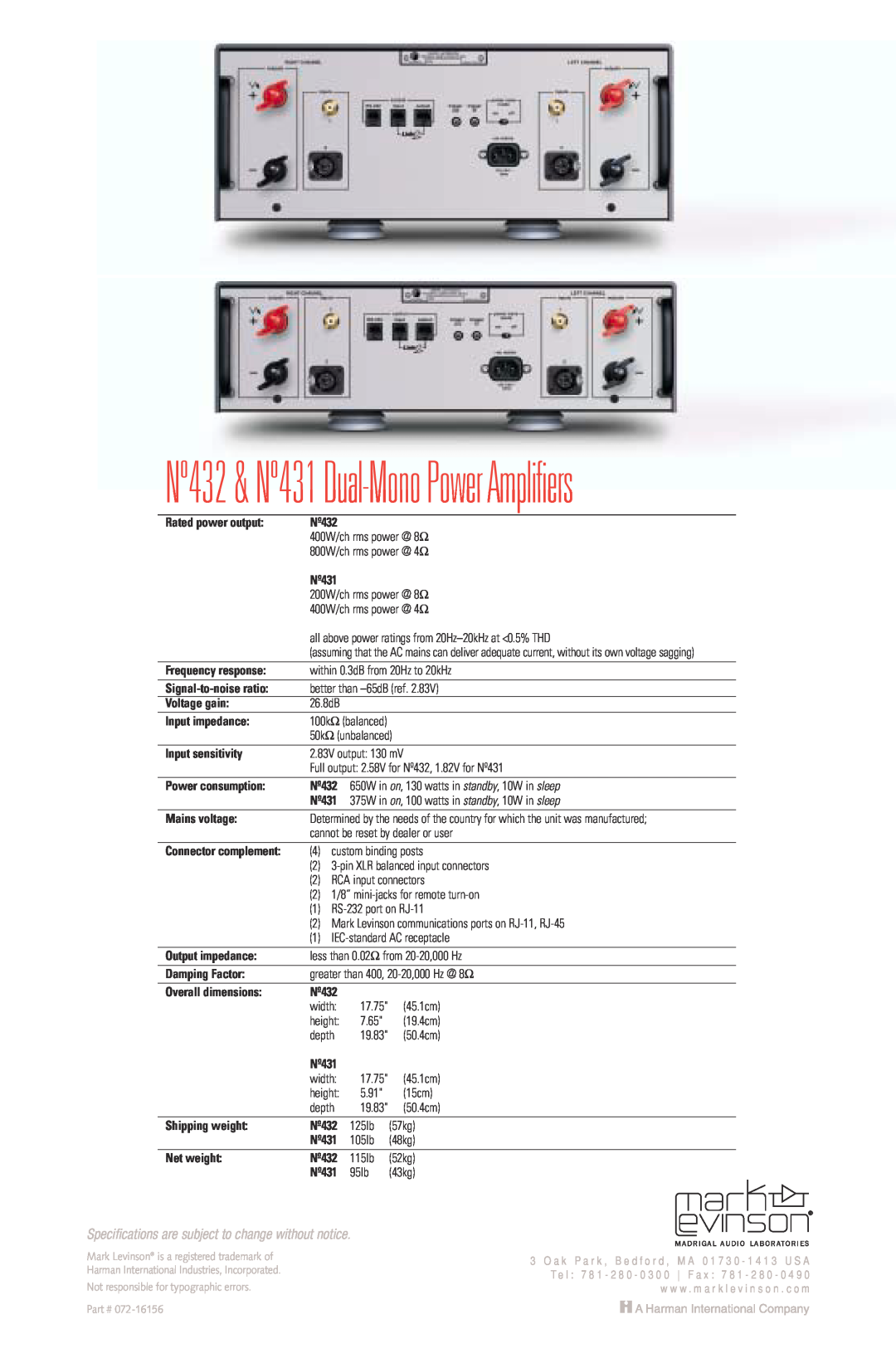 Mark Levinson manual Nº432 & Nº431 Dual-MonoPower Amplifiers 