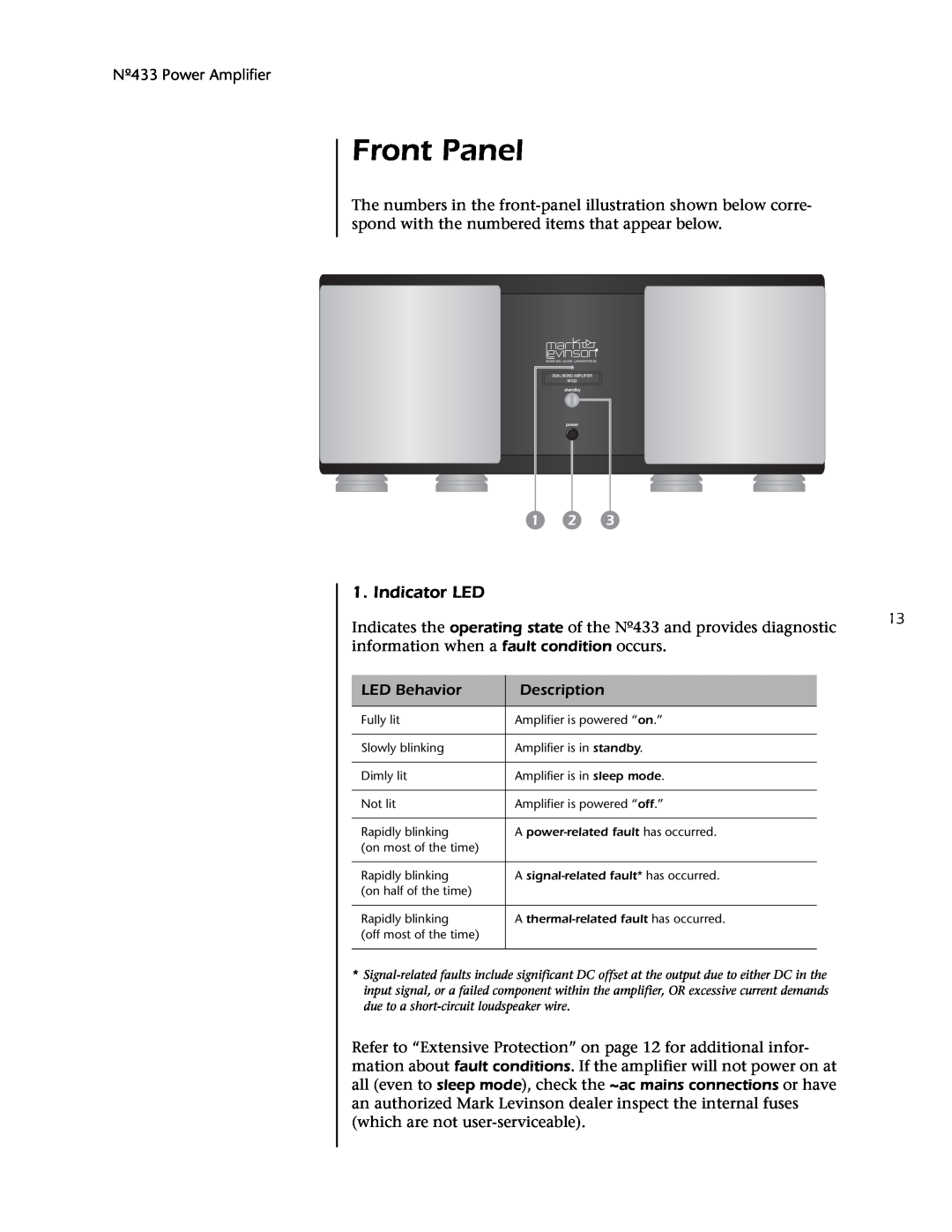 Mark Levinson 433 owner manual Front Panel, Indicator LED 