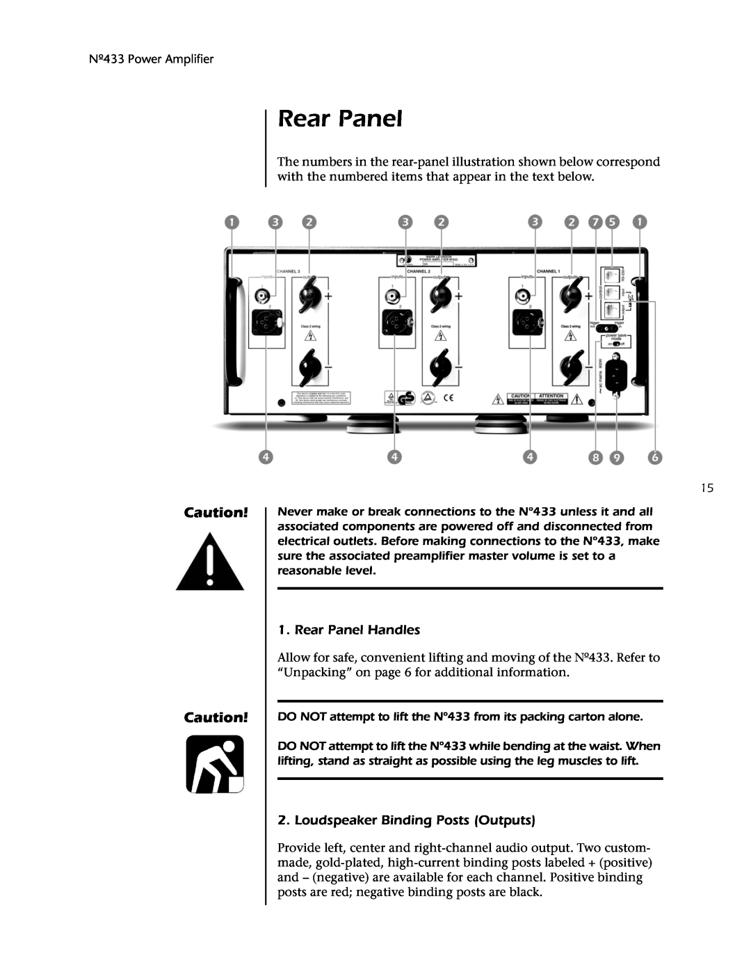 Mark Levinson 433 owner manual Rear Panel Handles, Loudspeaker Binding Posts Outputs 