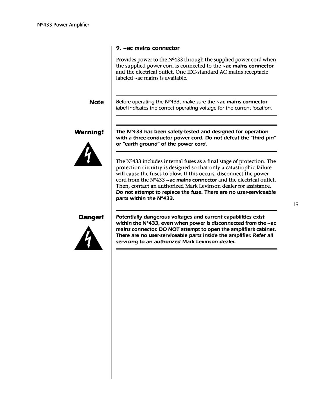 Mark Levinson 433 owner manual Danger, 9. ~ac mains connector 