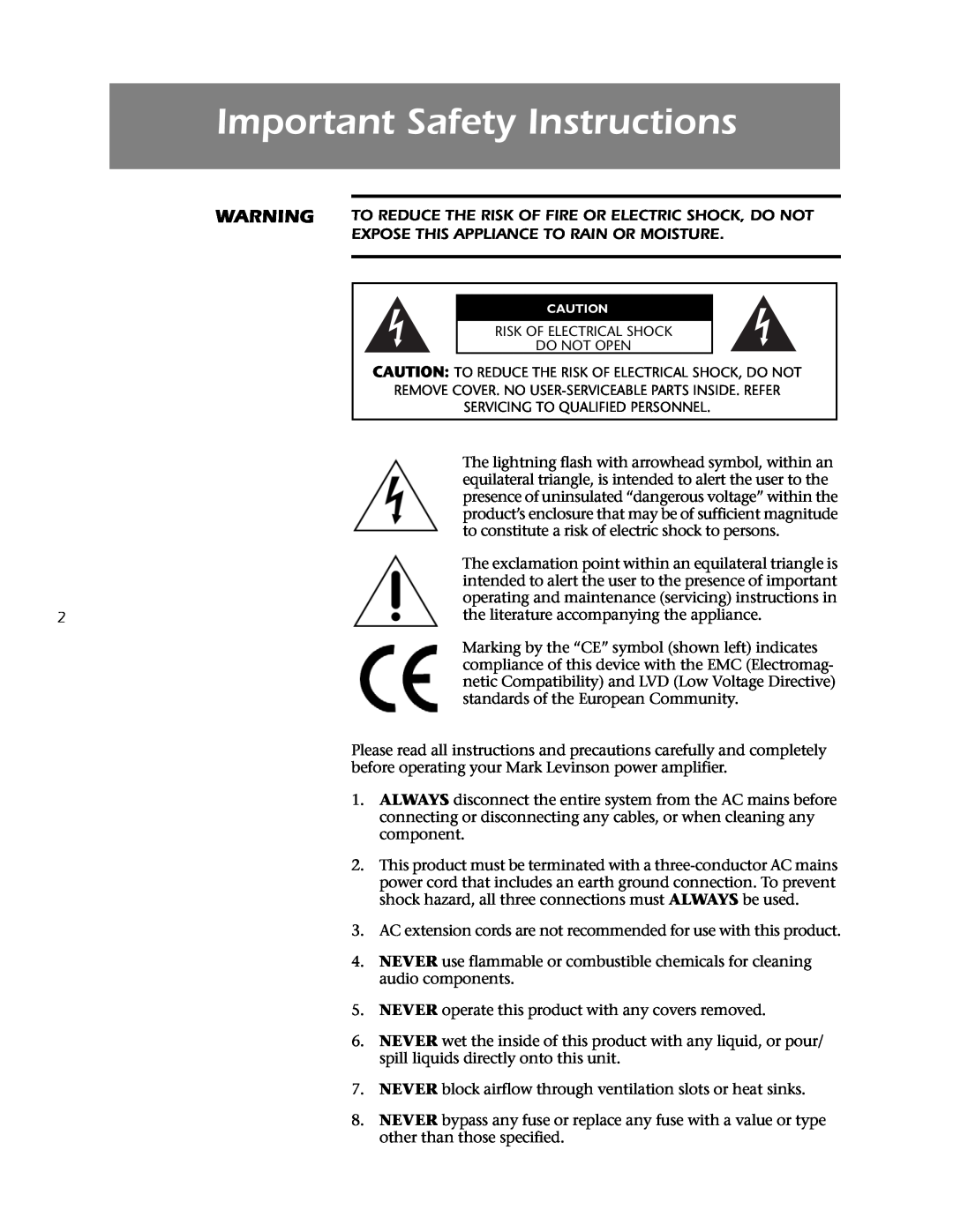 Mark Levinson 433 owner manual Important Safety Instructions 