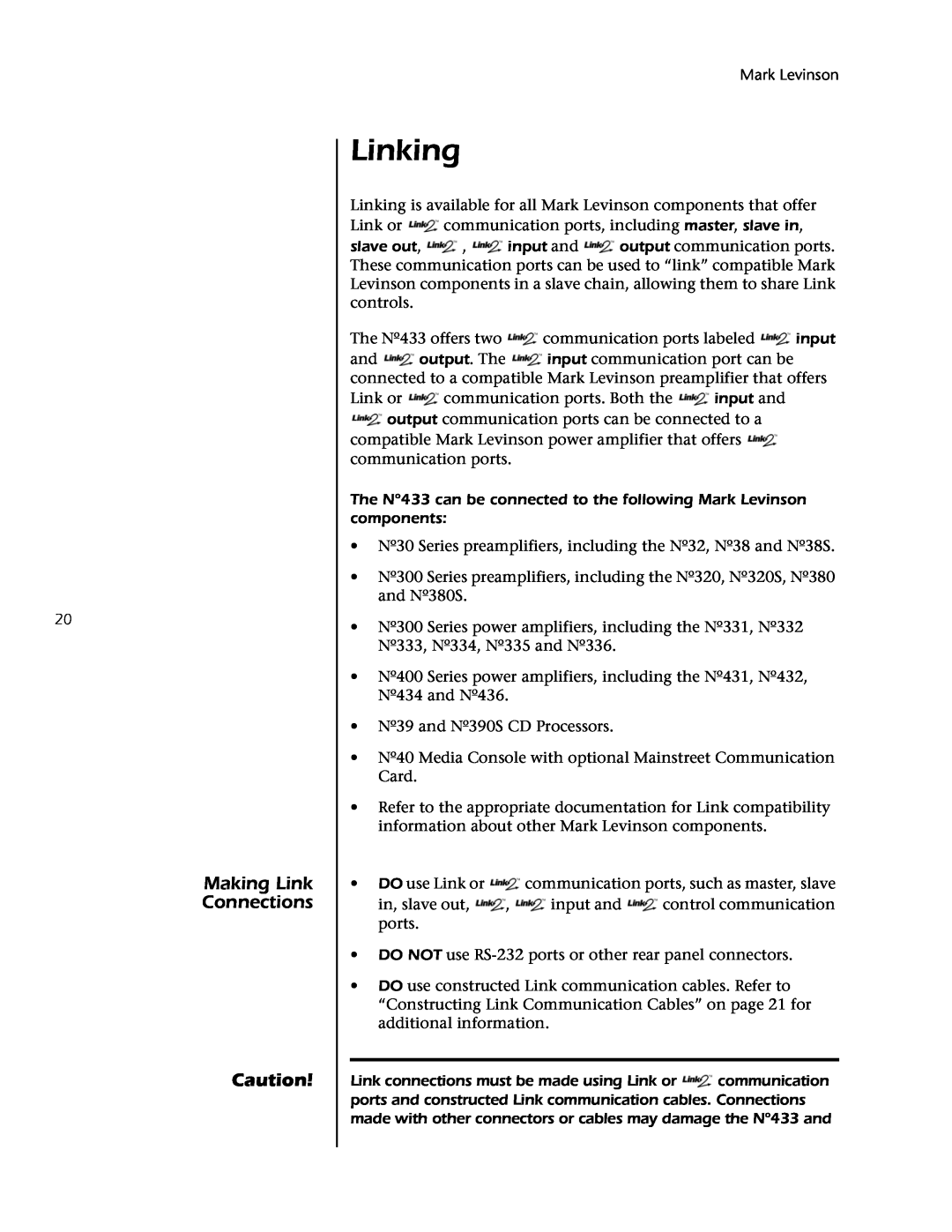 Mark Levinson 433 owner manual Linking, Making Link Connections 