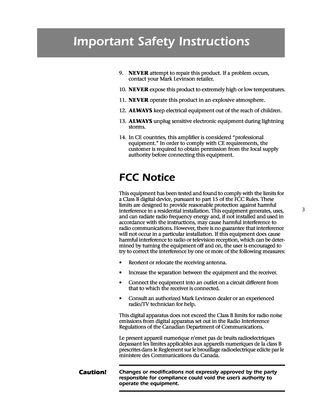 Mark Levinson 433 owner manual FCC Notice, Important Safety Instructions, operate the equipment 