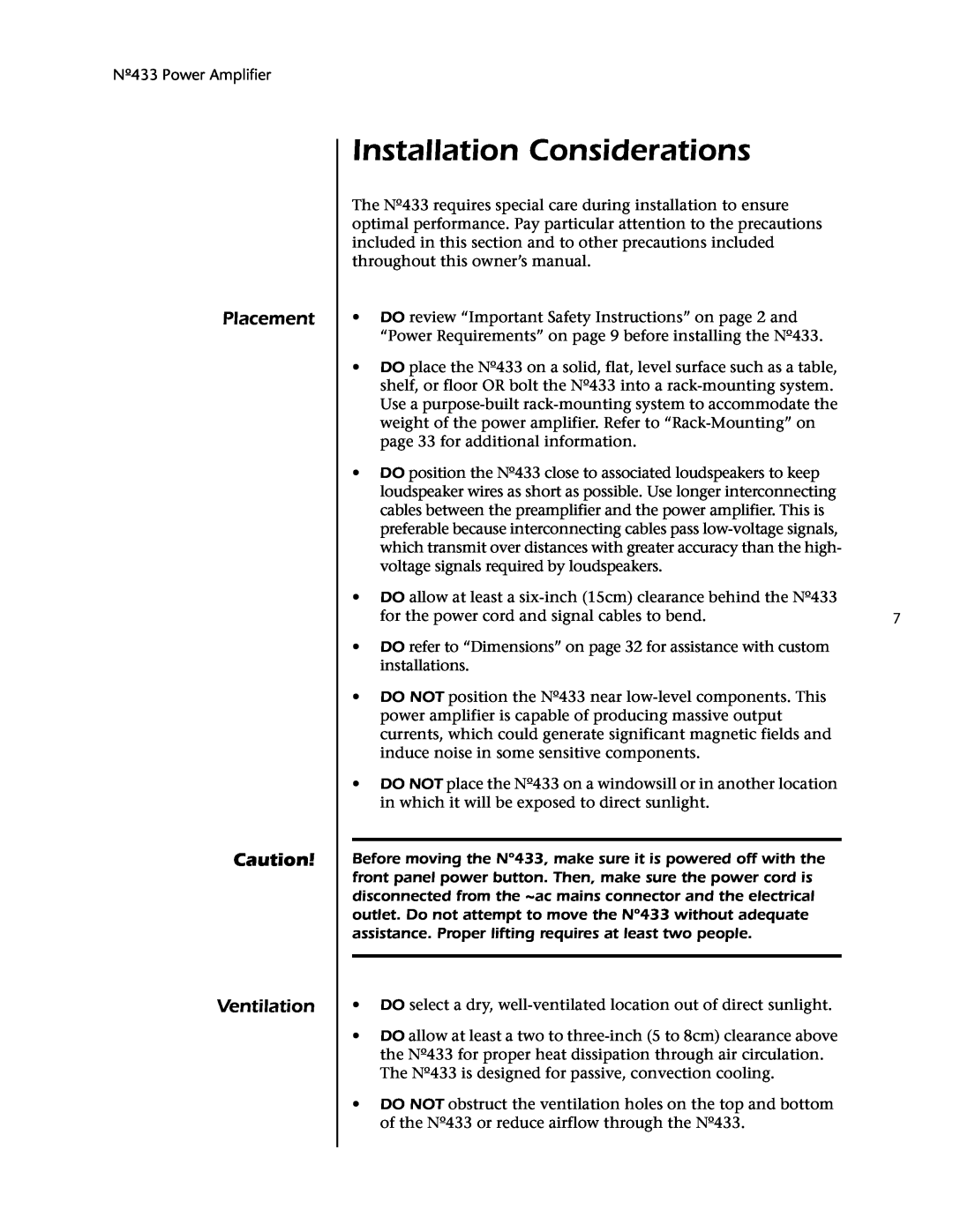 Mark Levinson 433 owner manual Installation Considerations, Placement, Ventilation 