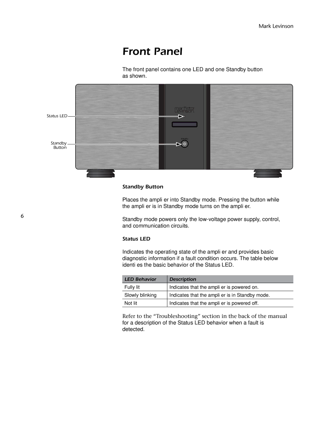 Mark Levinson 500H owner manual Front Panel, Standby Button, Status LED 