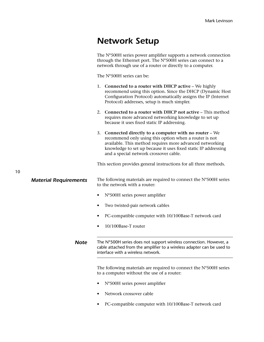 Mark Levinson 500H owner manual Network Setup, Material Requirements 