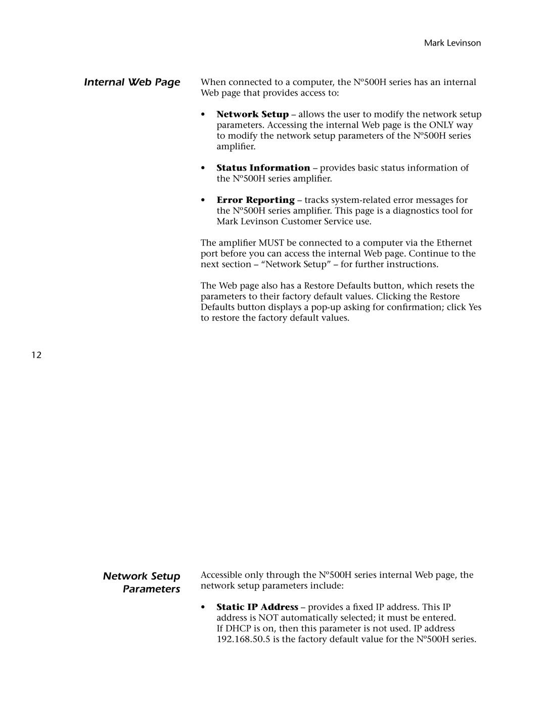 Mark Levinson 500H owner manual Network Setup Parameters 