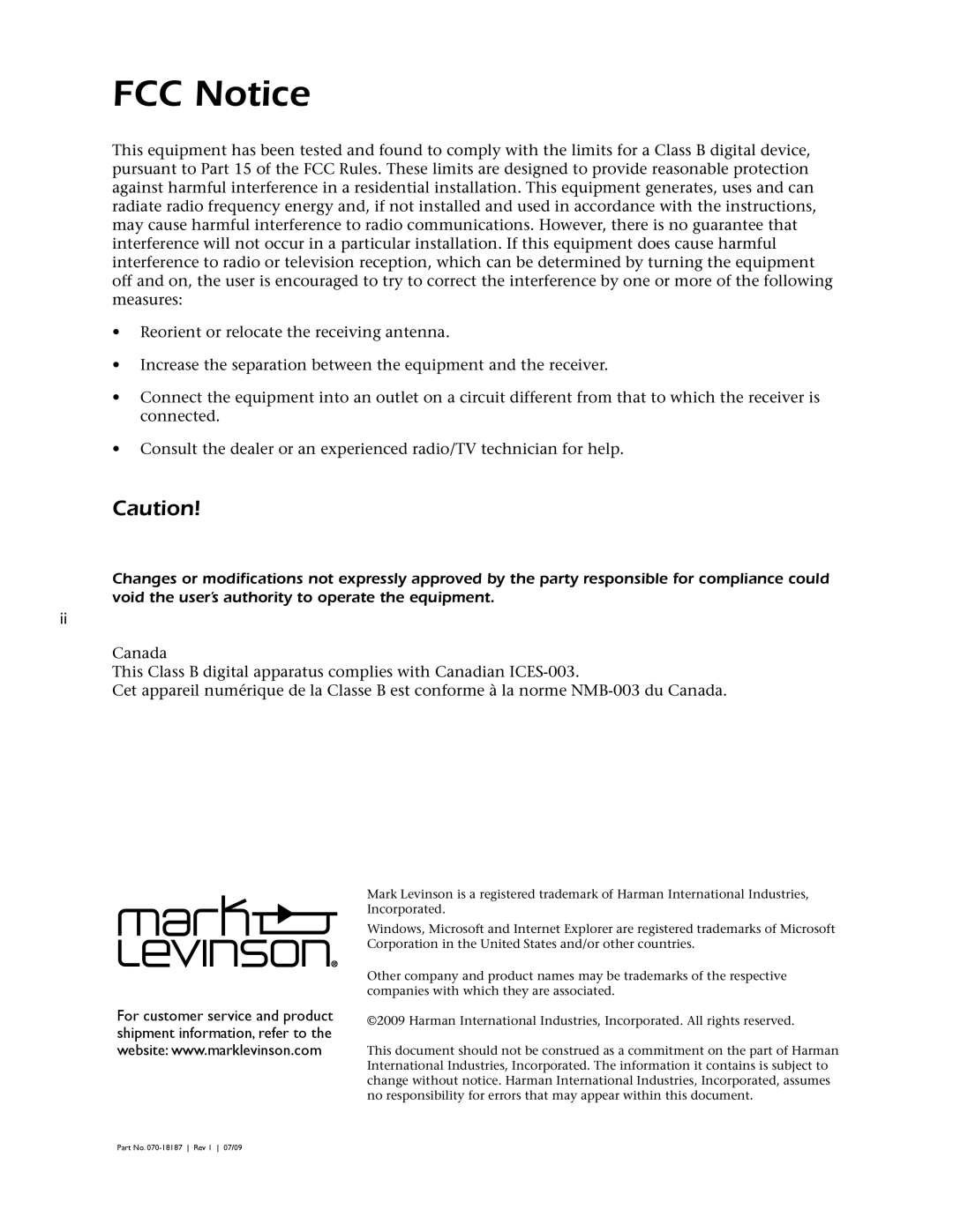 Mark Levinson 500H owner manual FCC Notice 