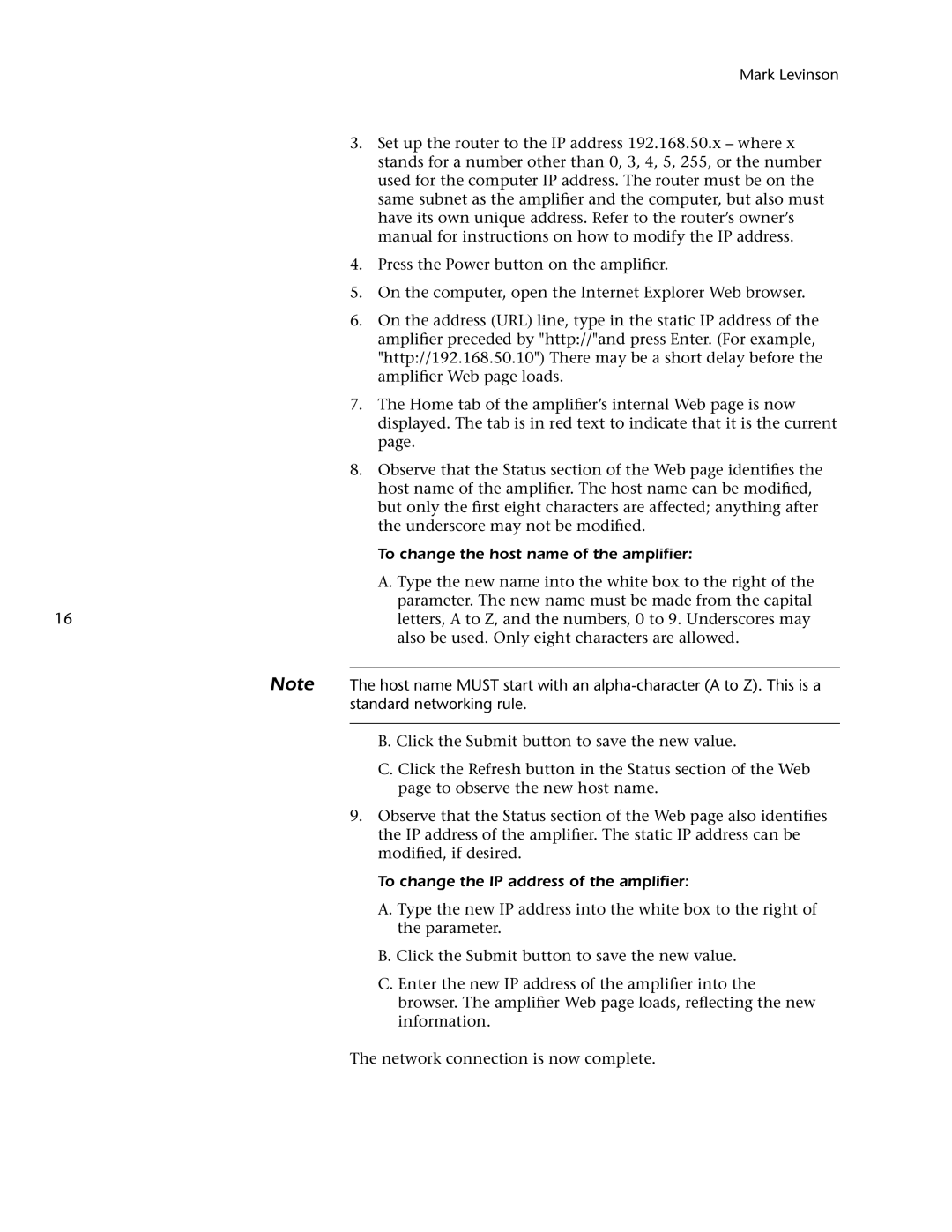 Mark Levinson 500H owner manual To change the host name of the amplifier, To change the IP address of the amplifier 