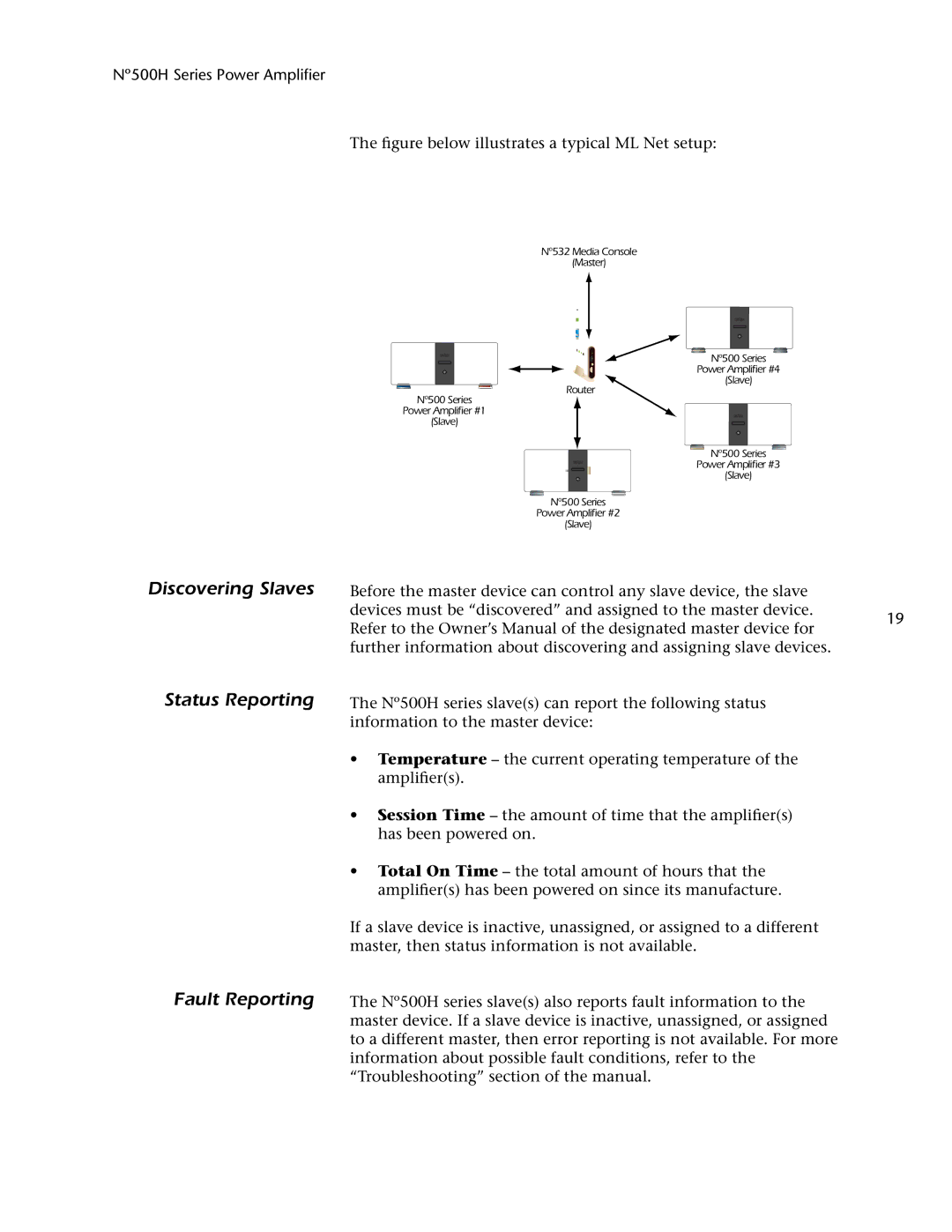 Mark Levinson 500H Discovering Slaves Status Reporting Fault Reporting, Figure below illustrates a typical ML Net setup 