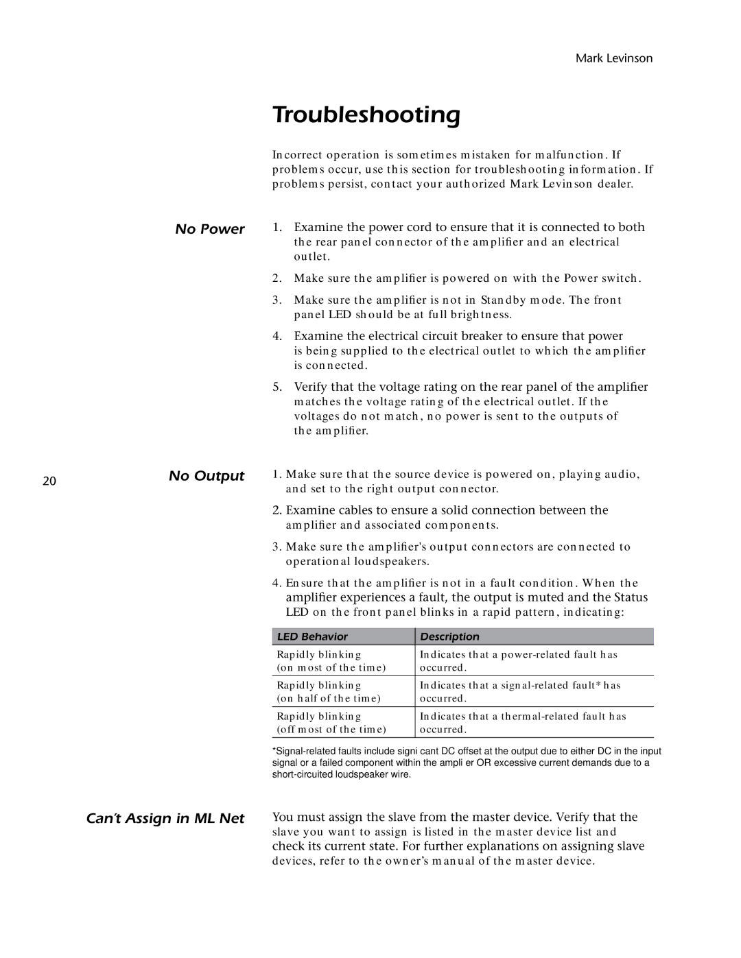 Mark Levinson 500H owner manual Troubleshooting, No Power No Output, Can’t Assign in ML Net 