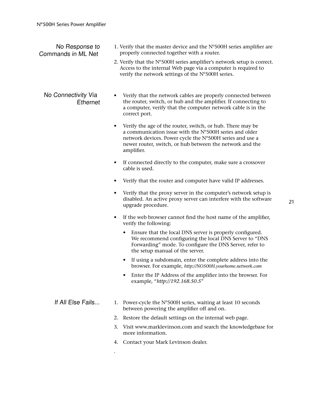 Mark Levinson 500H owner manual No Response to Commands in ML Net, No Connectivity Via Ethernet If All Else Fails 