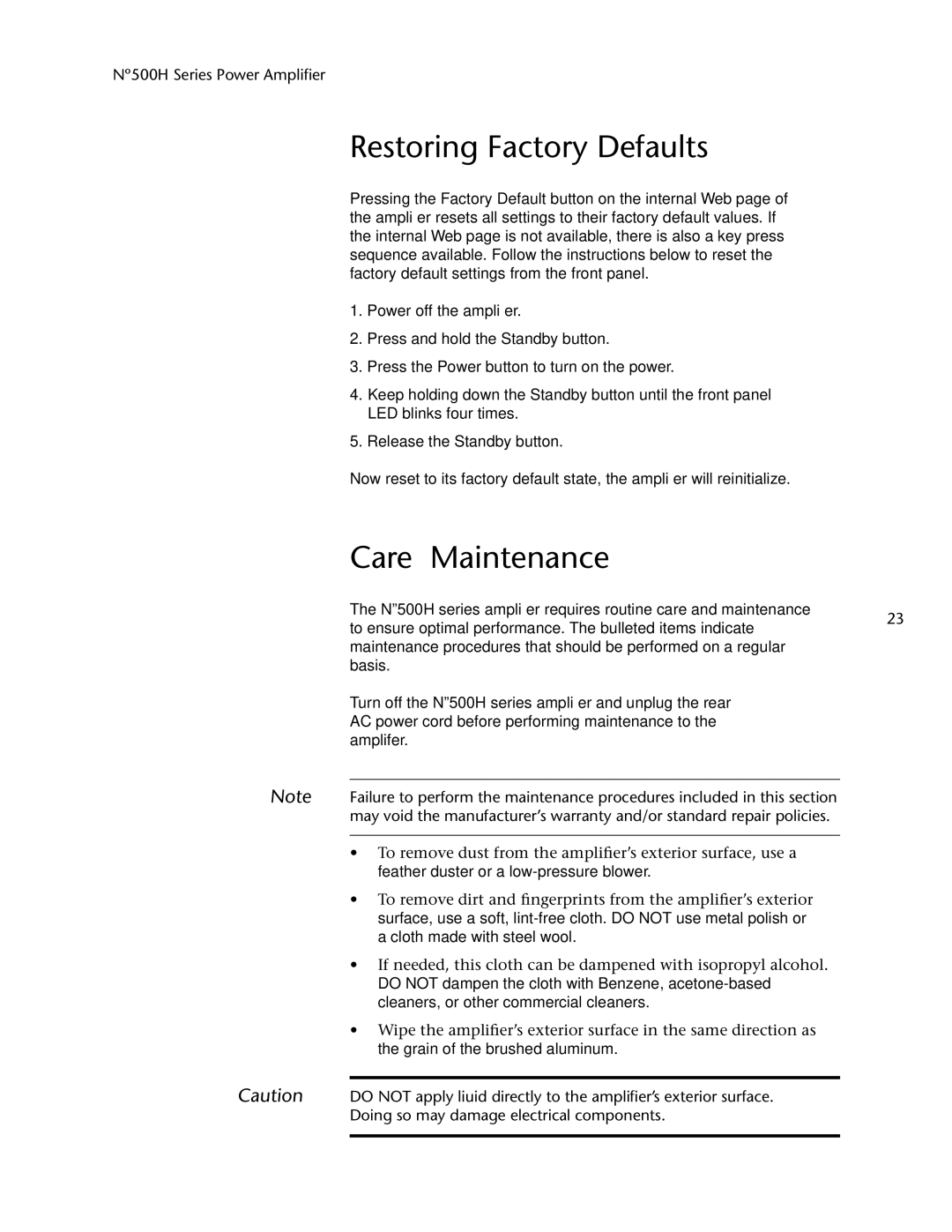 Mark Levinson 500H owner manual Restoring Factory Defaults, Care & Maintenance 