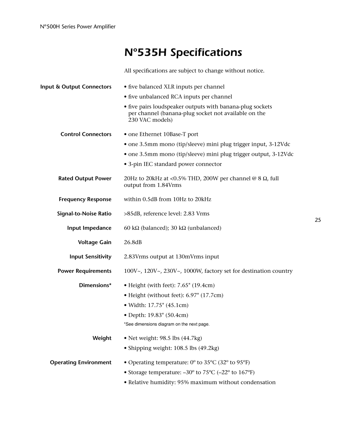 Mark Levinson 500H owner manual Nº535H Specifications 