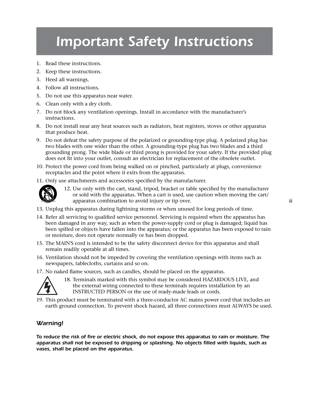 Mark Levinson 500H owner manual Important Safety Instructions, Iii 