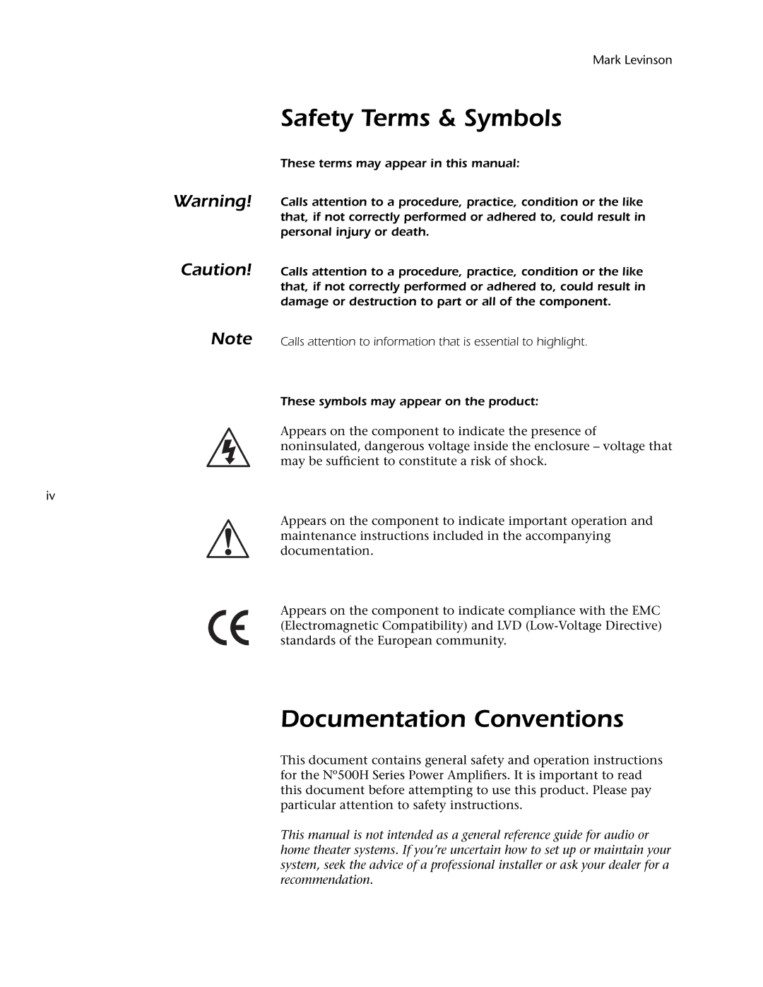 Mark Levinson 500H owner manual Safety Terms & Symbols, Documentation Conventions, Mark Levinson 