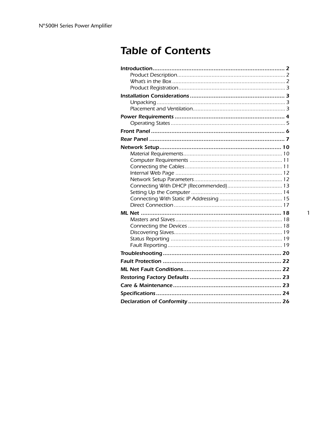 Mark Levinson 500H owner manual Table of Contents 