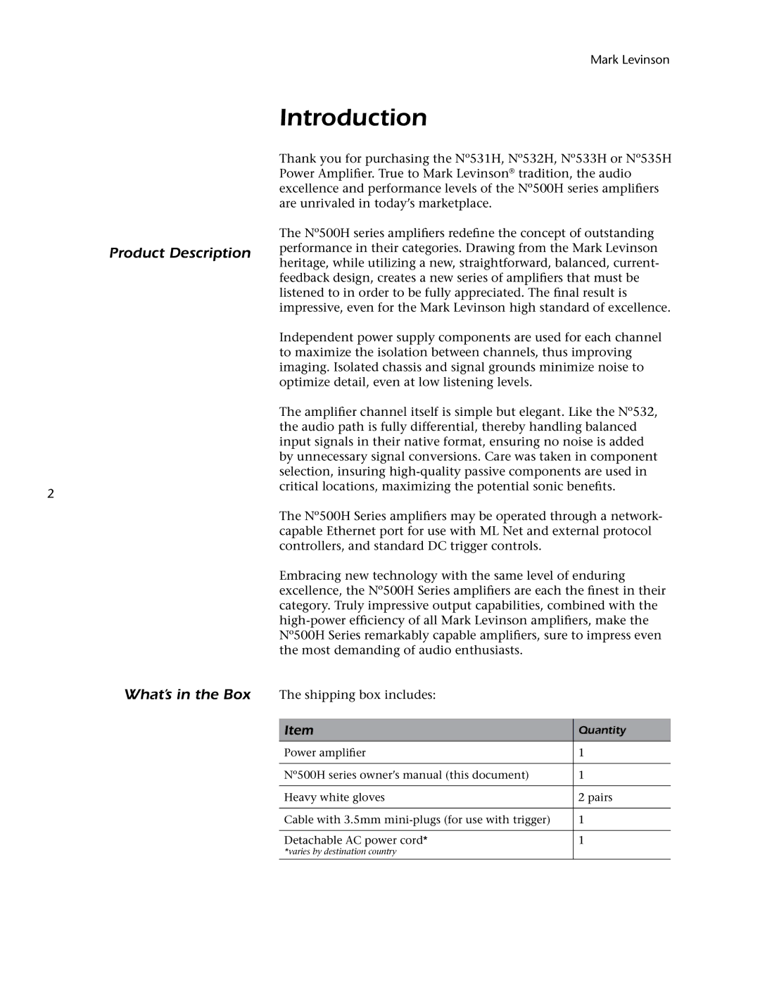 Mark Levinson 500H owner manual Introduction, Product Description What’s in the Box, Shipping box includes 