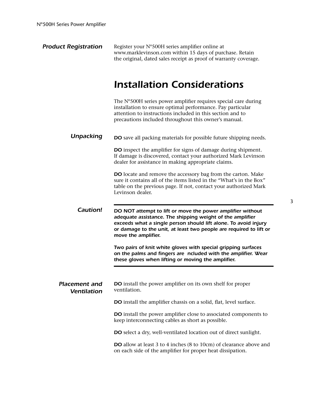 Mark Levinson 500H owner manual Installation Considerations, Unpacking Placement and Ventilation 