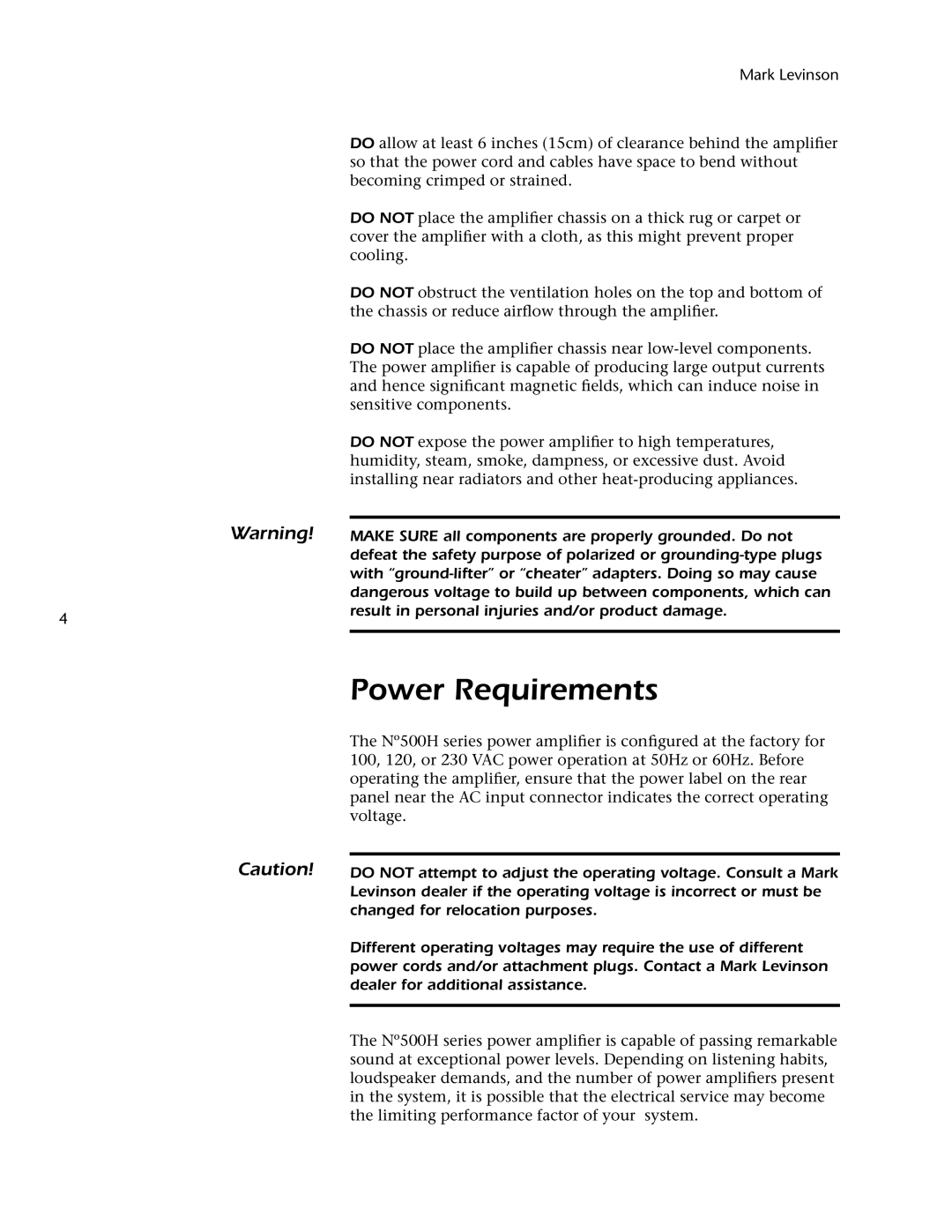 Mark Levinson 500H owner manual Power Requirements 