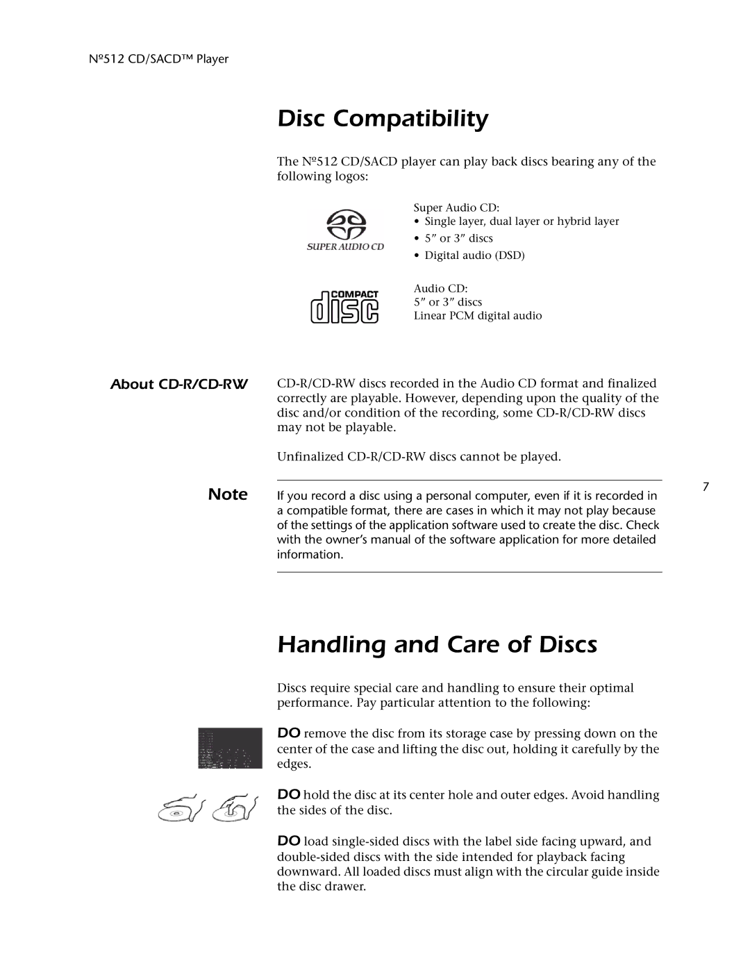 Mark Levinson 512 owner manual Disc Compatibility, Handling and Care of Discs, About CD-R/CD-RW 