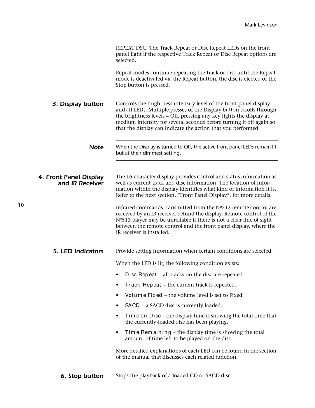 Mark Levinson 512 owner manual Display button, Front Panel Display and IR Receiver LED Indicators, Stop button 