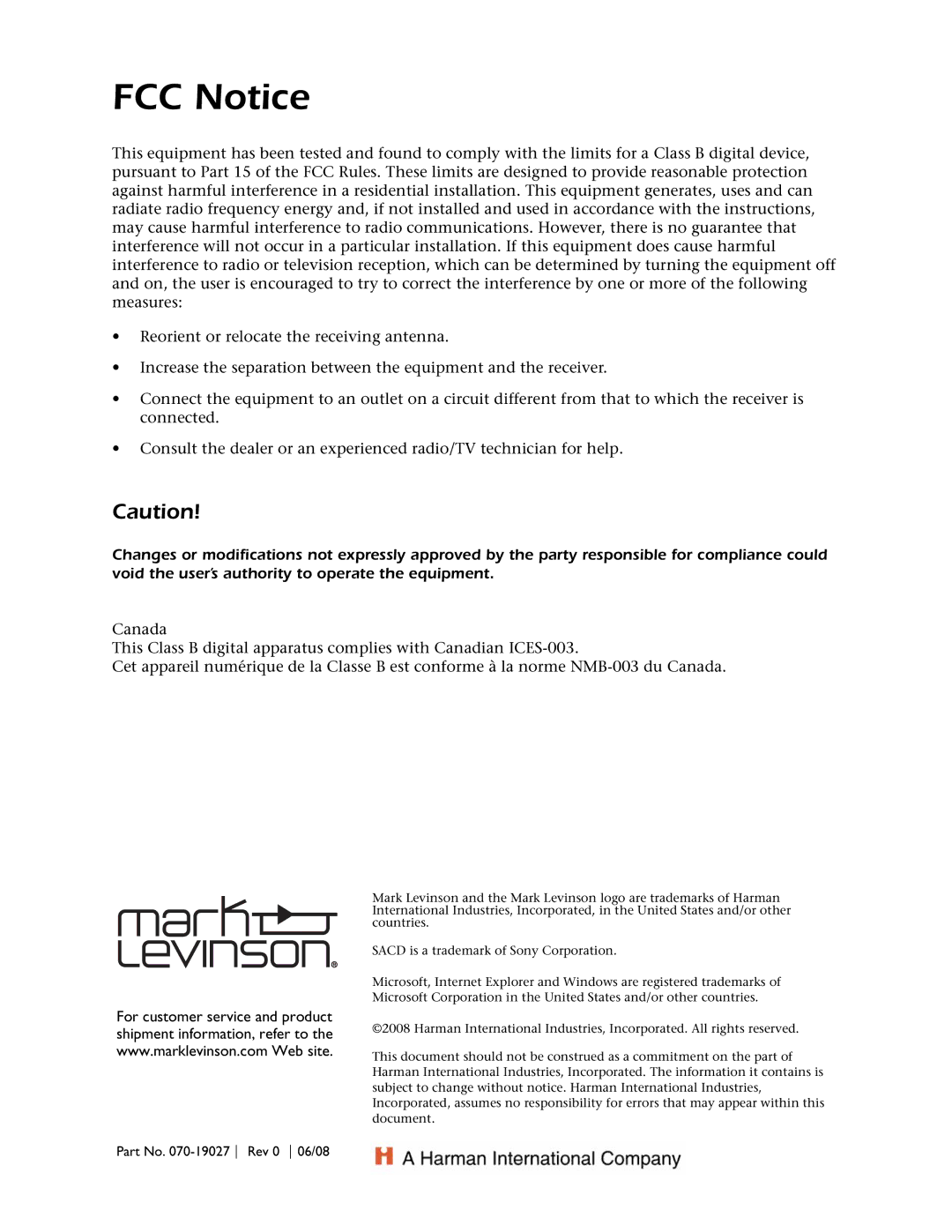 Mark Levinson 512 owner manual FCC Notice 