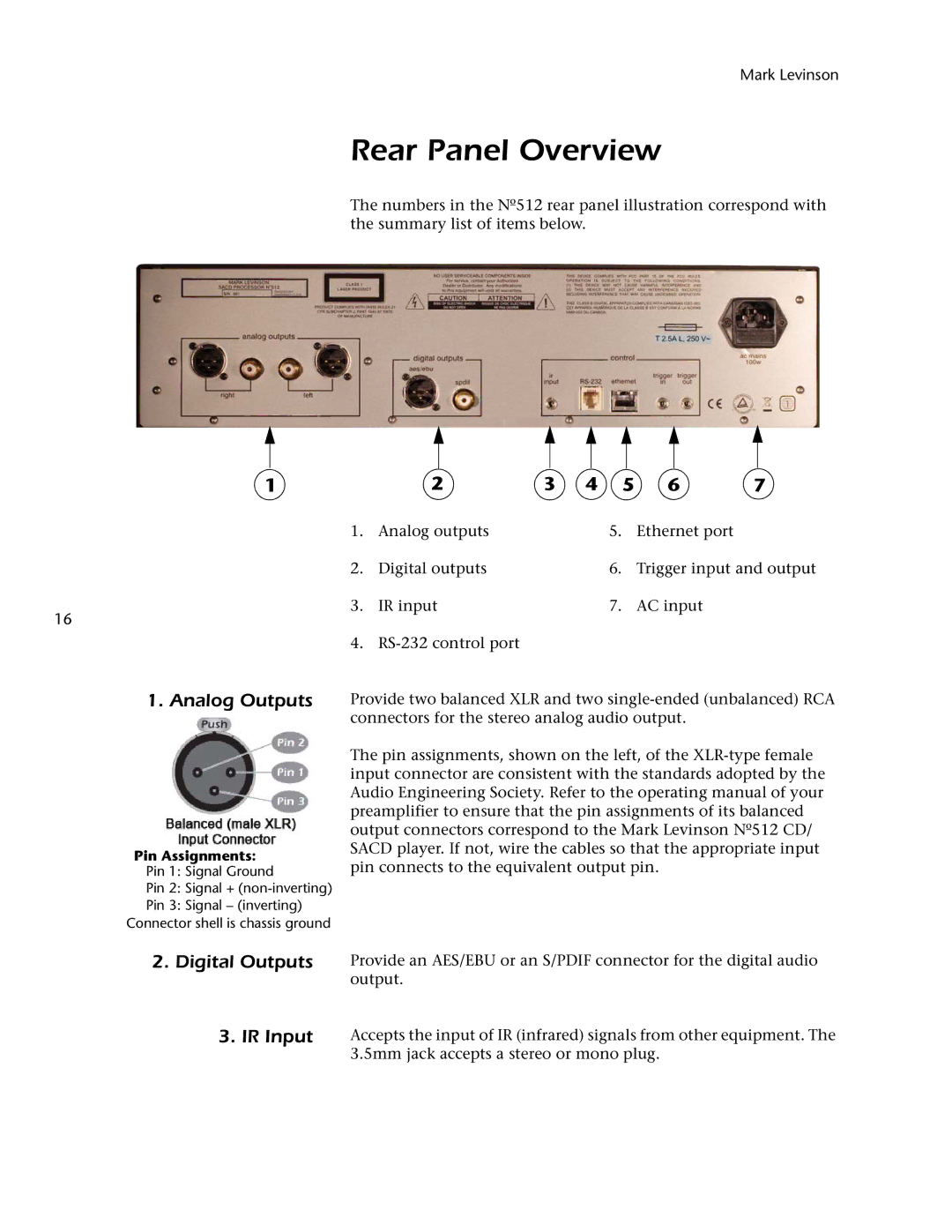 Mark Levinson 512 owner manual Rear Panel Overview, Analog Outputs, Digital Outputs IR Input 