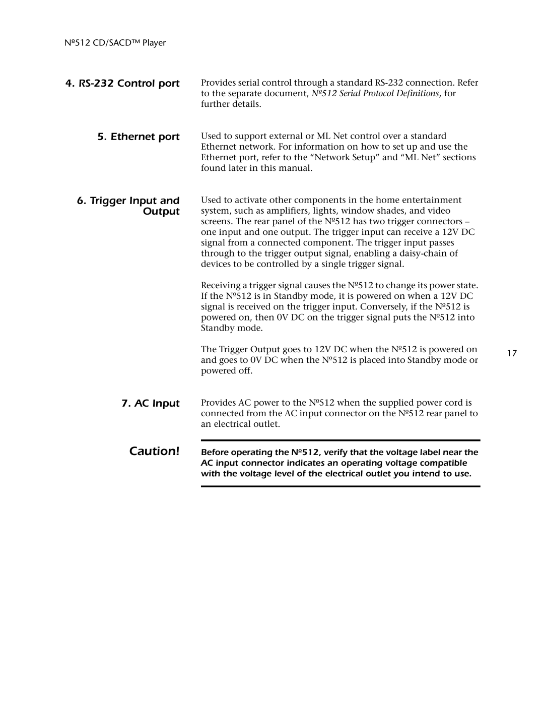 Mark Levinson 512 owner manual RS-232 Control port Ethernet port, Trigger Input and Output AC Input 