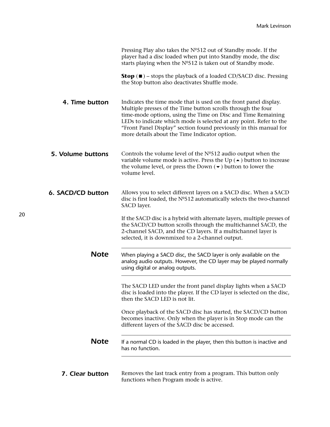 Mark Levinson 512 owner manual Volume buttons, SACD/CD button Clear button 