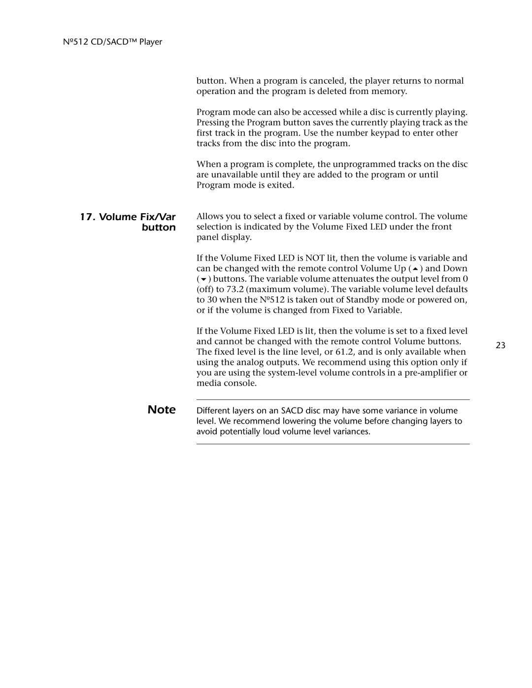 Mark Levinson 512 owner manual Volume Fix/Var button 