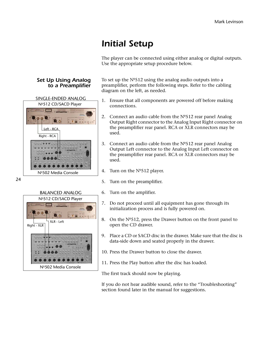 Mark Levinson 512 owner manual Initial Setup, Set Up Using Analog to a Preamplifier 