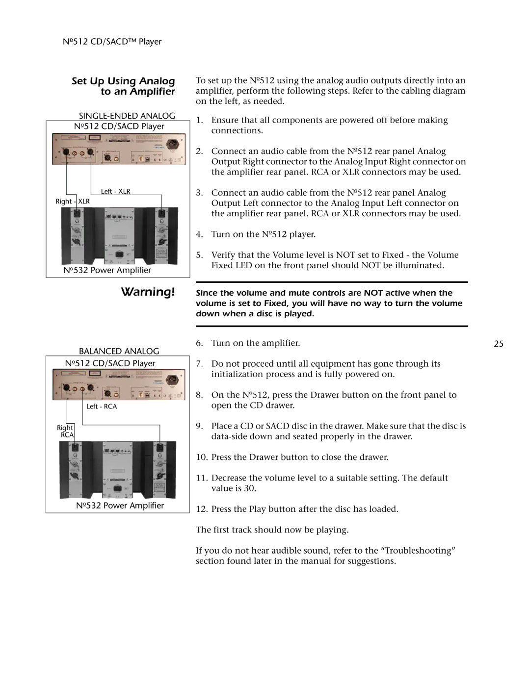 Mark Levinson owner manual Set Up Using Analog to an Amplifier, No512 CD/SACD Player, No532 Power Amplifier 