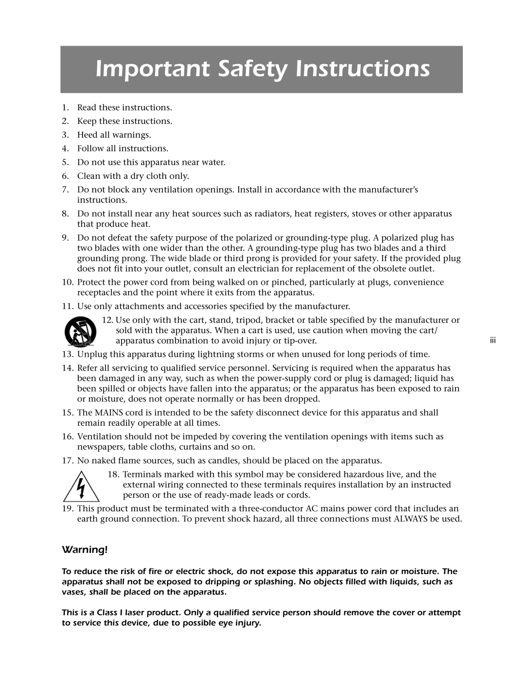 Mark Levinson 512 owner manual Important Safety Instructions, Iii 