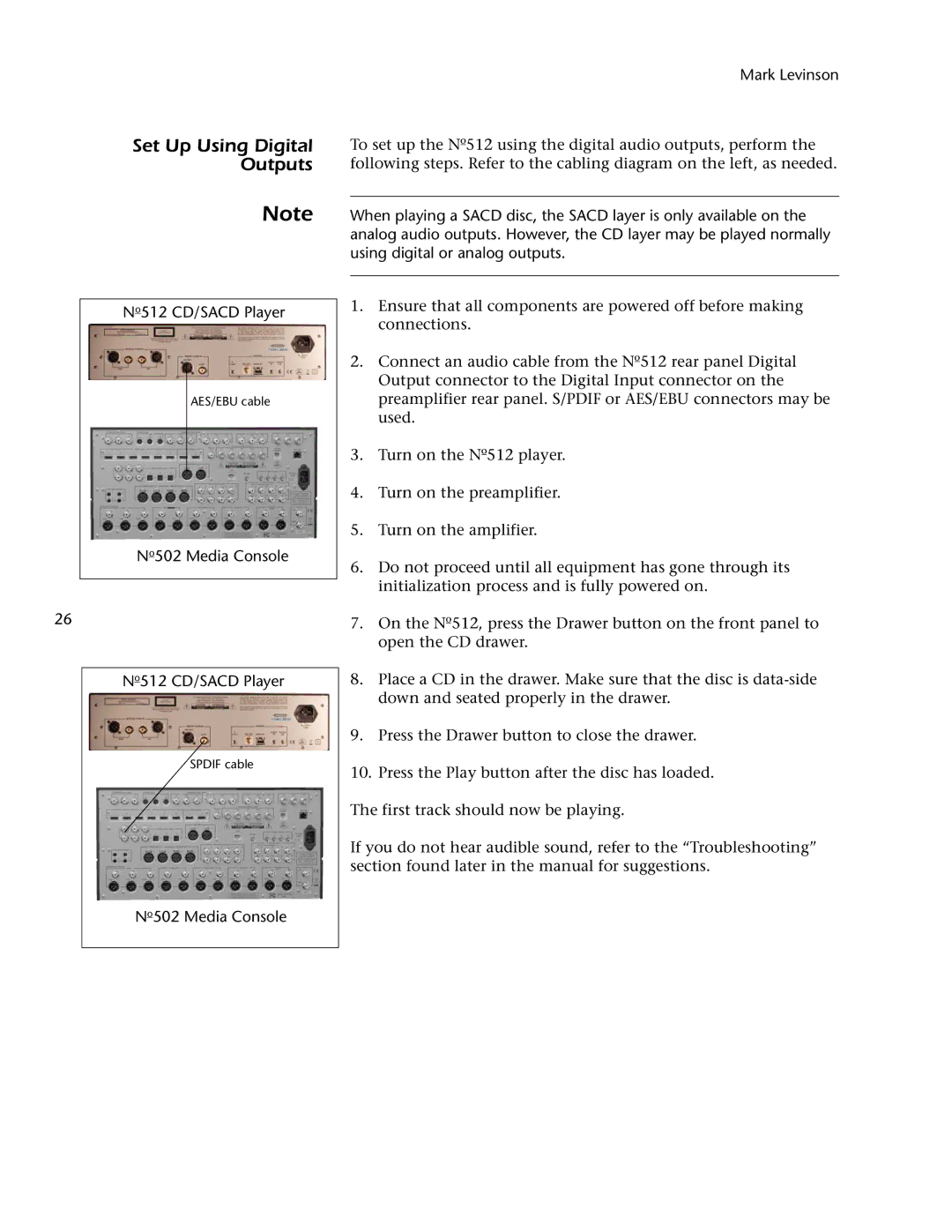 Mark Levinson Set Up Using Digital Outputs, No502 Media Console No512 CD/SACD Player, No502 Media Console Mark Levinson 