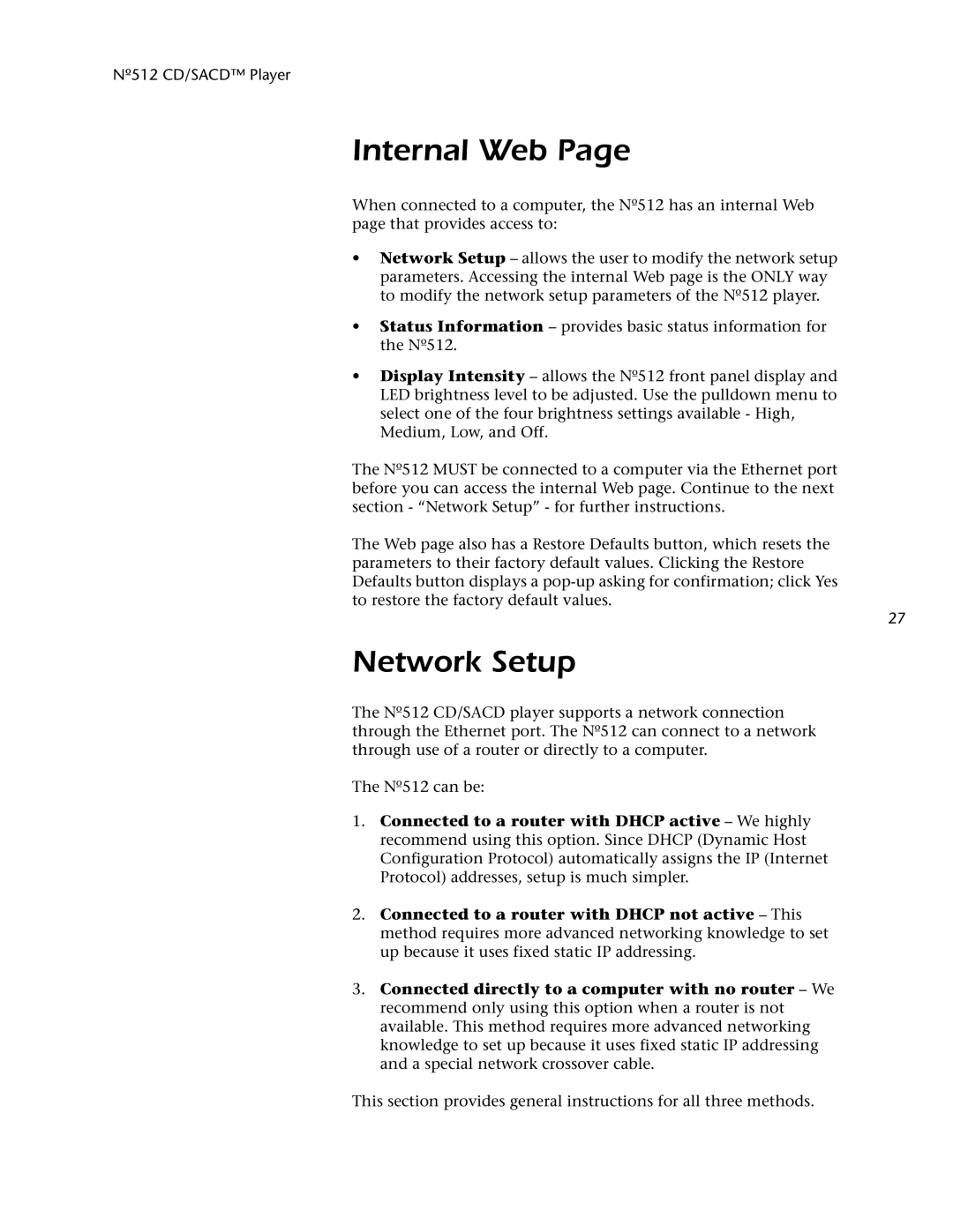 Mark Levinson 512 owner manual Internal Web, Network Setup 