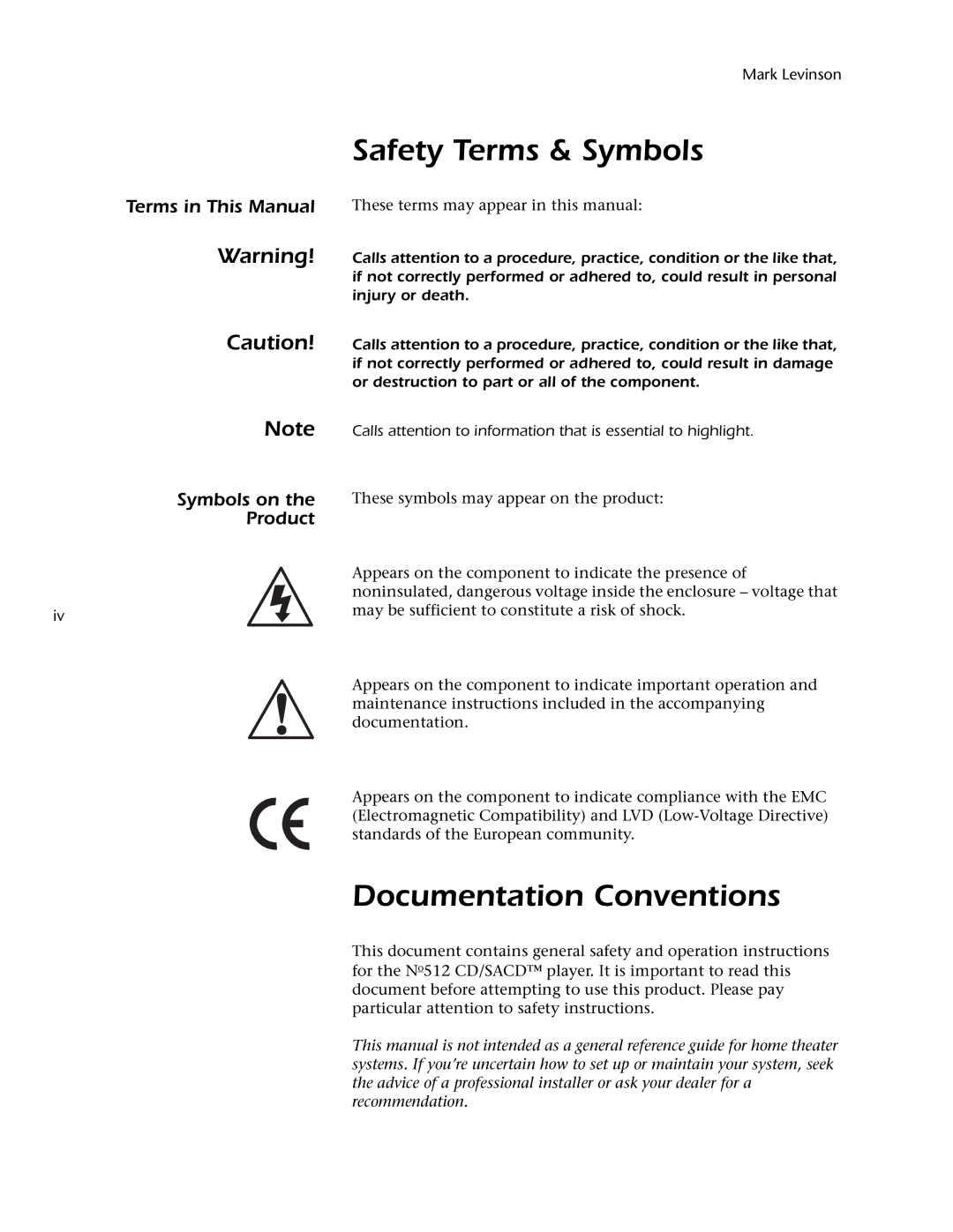 Mark Levinson 512 owner manual Safety Terms & Symbols, Documentation Conventions, Terms in This Manual Symbols on Product 