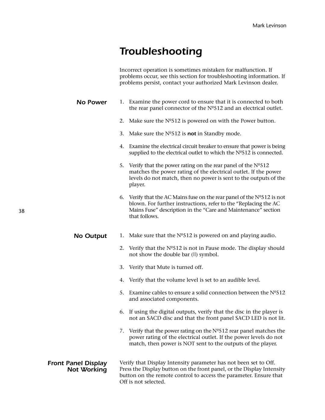 Mark Levinson 512 owner manual Troubleshooting, No Power No Output Front Panel Display Not Working 