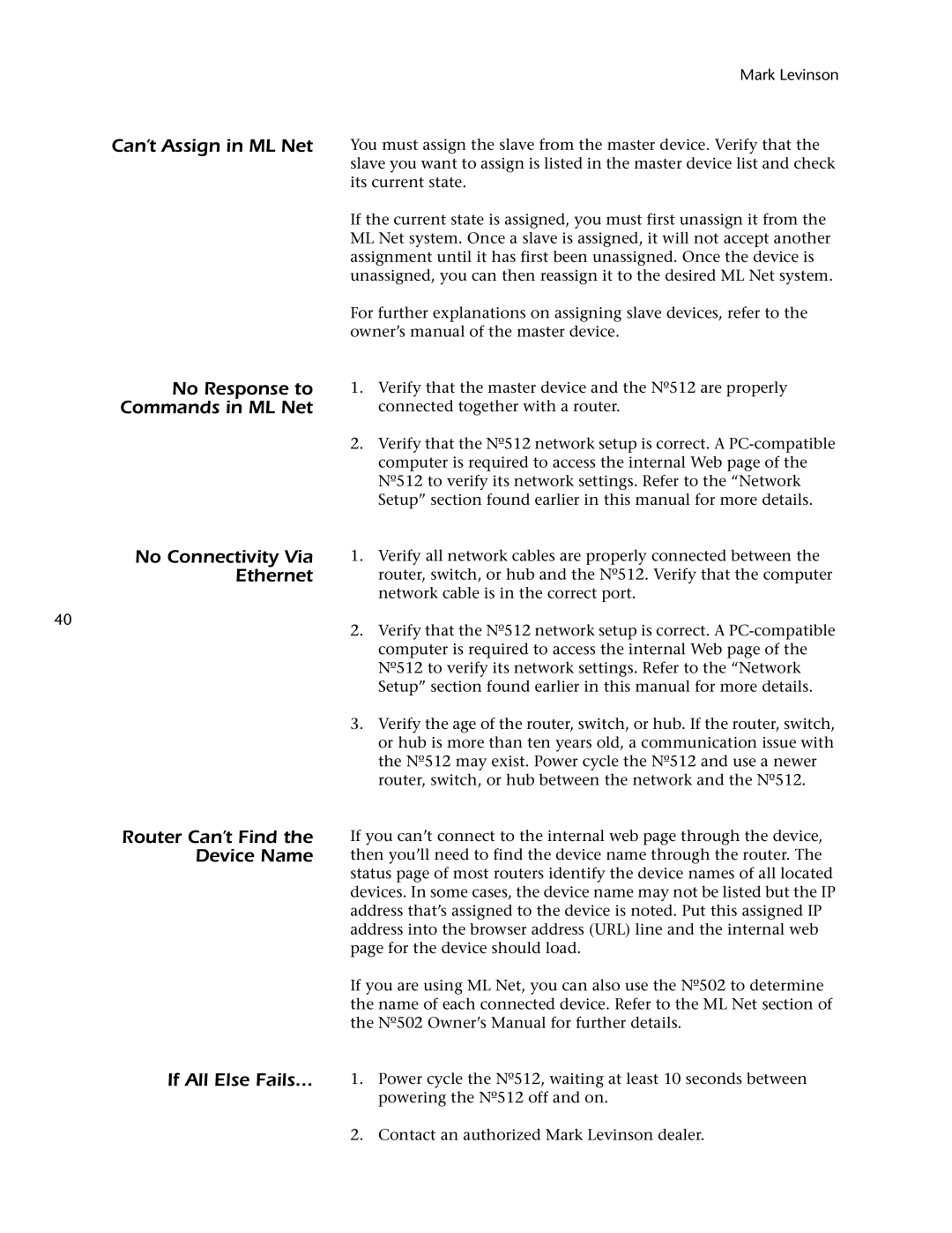 Mark Levinson 512 owner manual Can’t Assign in ML Net No Response to Commands in ML Net 