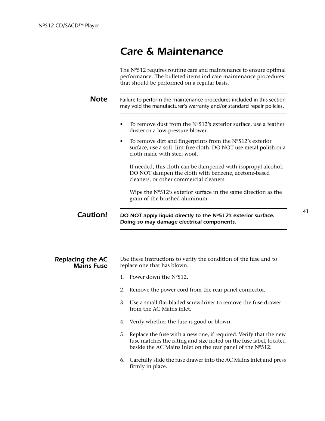 Mark Levinson 512 owner manual Care & Maintenance, Replacing the AC Mains Fuse 