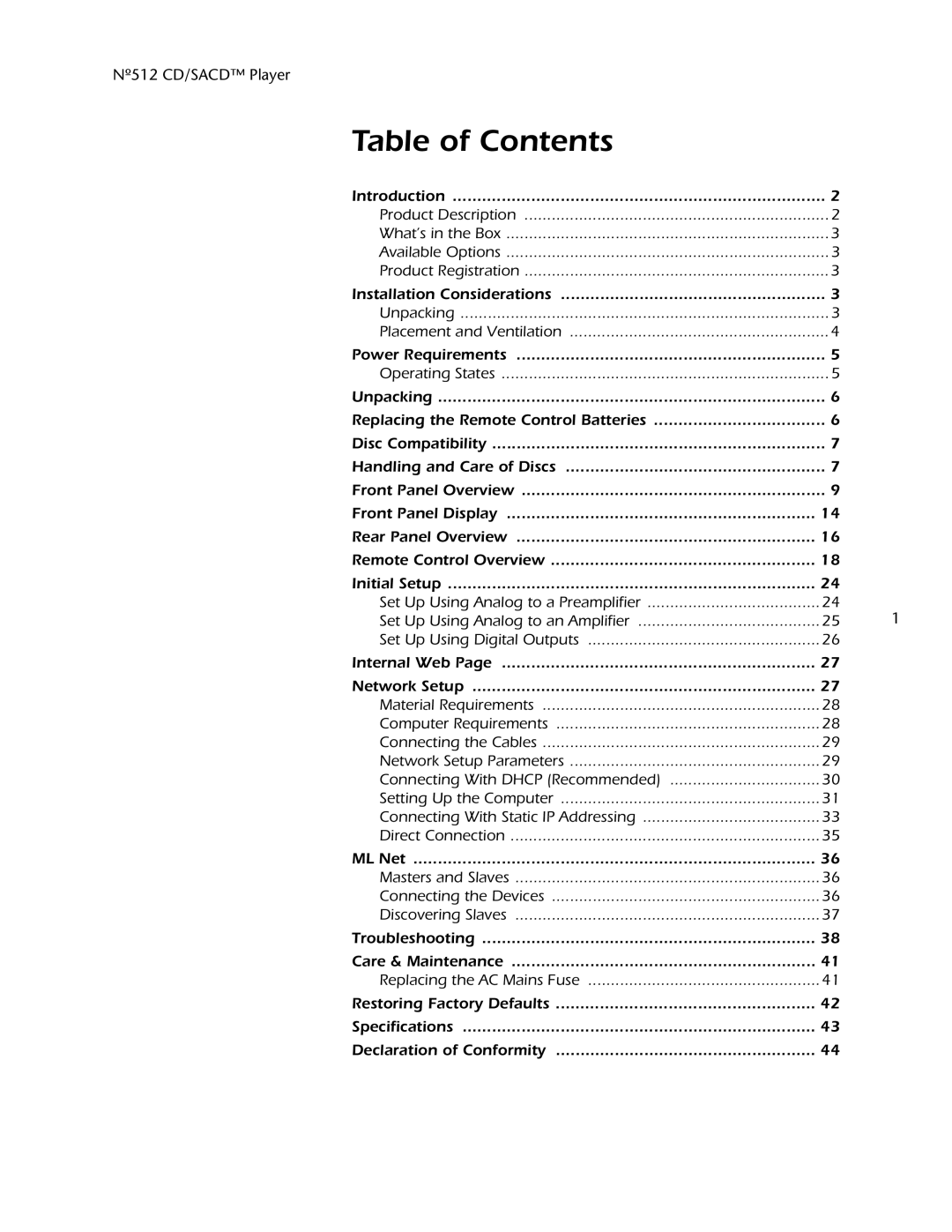 Mark Levinson 512 owner manual Table of Contents 