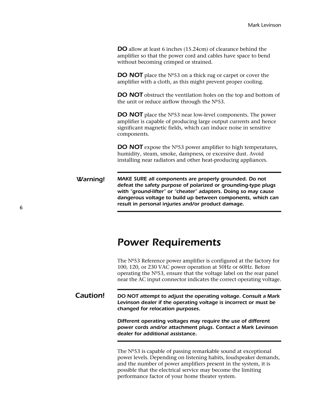 Mark Levinson 53 owner manual Power Requirements, Make Sure all components are properly grounded. Do not 