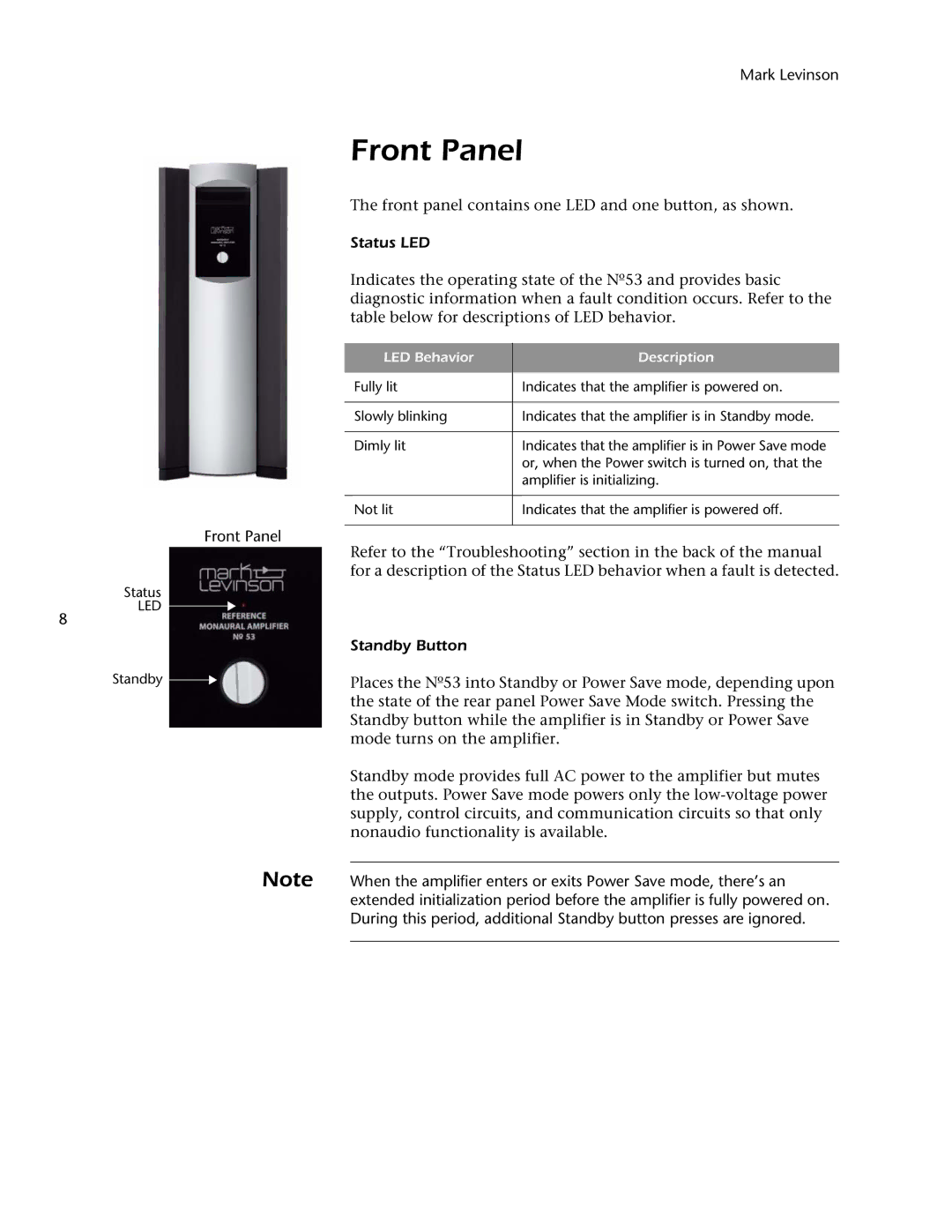 Mark Levinson 53 owner manual Front Panel, Status LED, Standby Button 