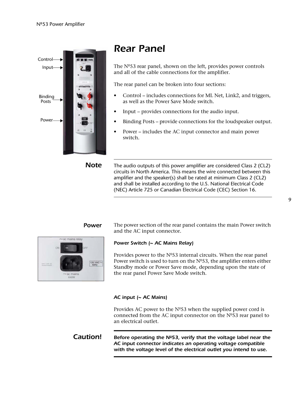 Mark Levinson 53 owner manual Rear Panel, Power Switch ~ AC Mains Relay, AC input ~ AC Mains 