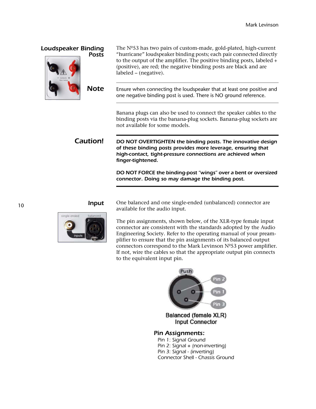 Mark Levinson 53 owner manual Loudspeaker Binding Posts, Input, Pin Assignments 