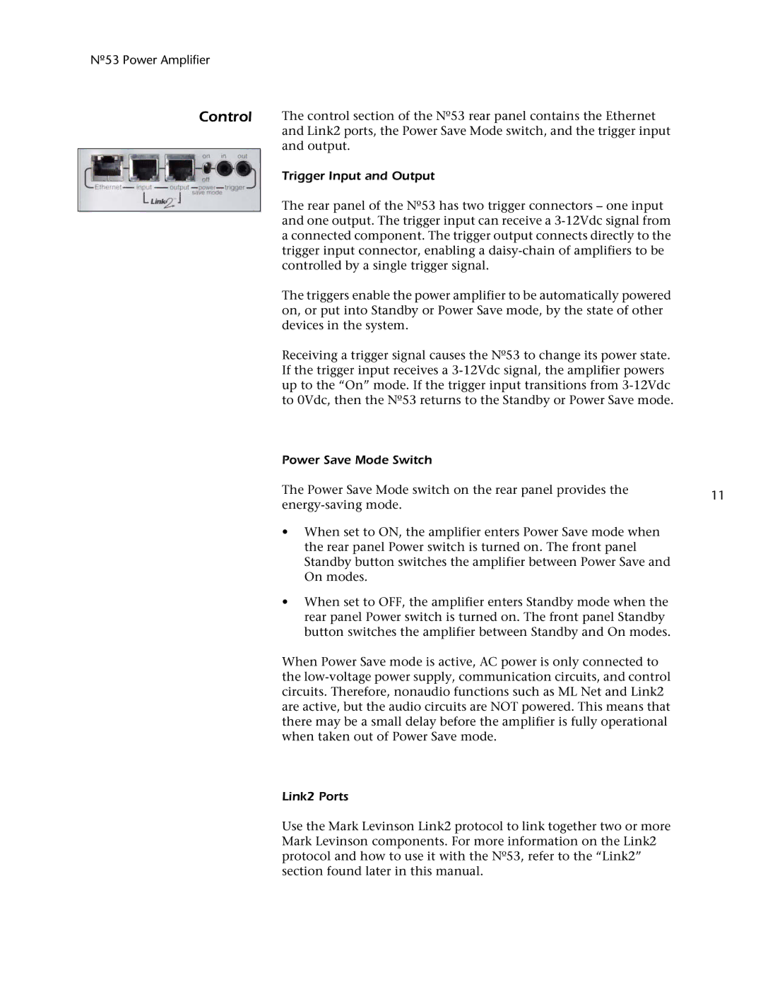 Mark Levinson 53 owner manual Control, Trigger Input and Output, Power Save Mode Switch, Link2 Ports 