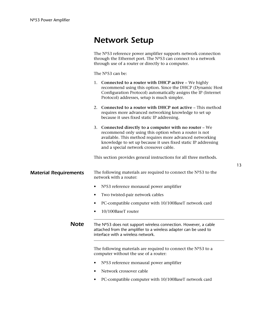 Mark Levinson 53 owner manual Network Setup, Material Requirements 