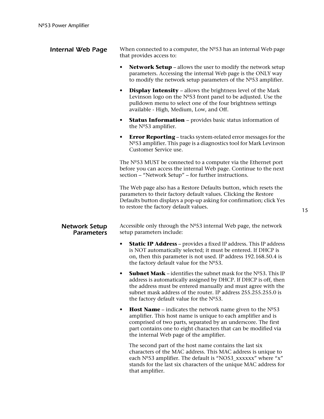 Mark Levinson 53 owner manual Internal Web, Network Setup Parameters 